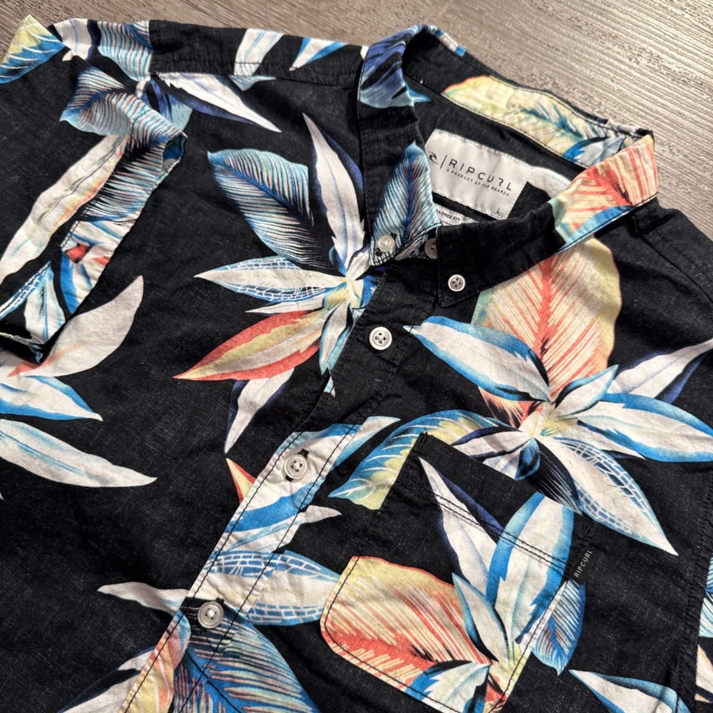 Rip Curl Shirt Boys L Blue Floral 100% Cotton Tropical Surf Beach Aloha Hawaii